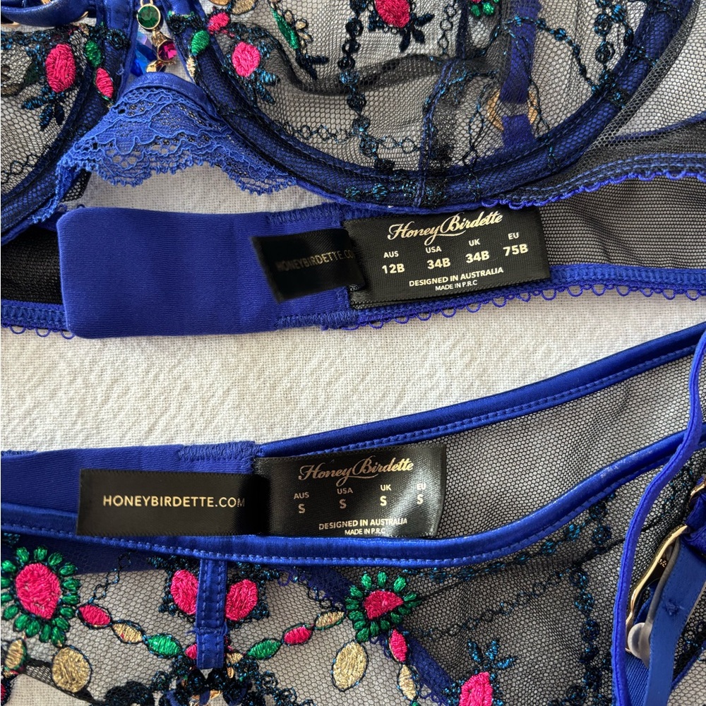 Honey Birdette Leah ! 34B , M, S, Black and Blue Embroidered Bra Set Christmas! - Picture 7 of 15